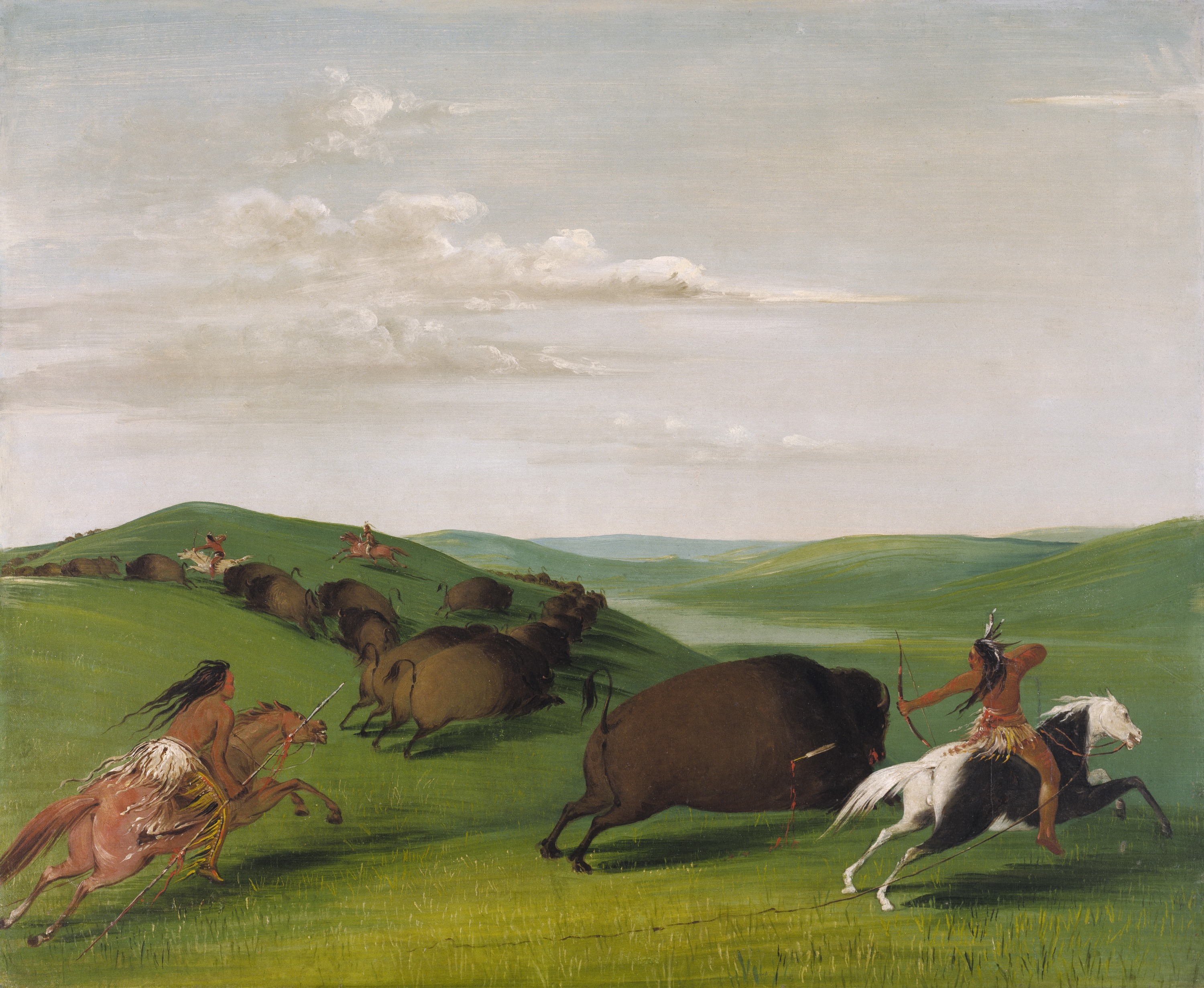 George Catlin, Buffalo Chase with Bows and Lances