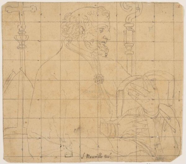 unknown, A bishop holding an open book in his hand with his mitre, crozier and processional cross beside him