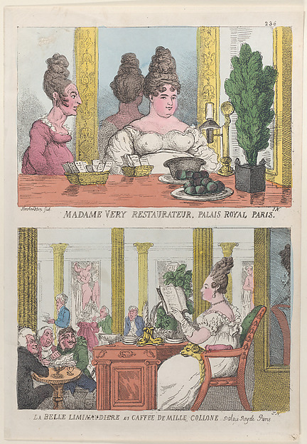 Thomas Rowlandson, Madame Very Restauranteur, Palais Royal Paris and La Belle Liminaudiere au Caffee De Mille Collone, Palais Royale Paris