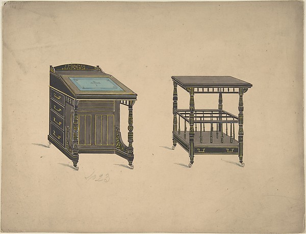 Anonymous, British, 19th century, Design for a Desk on Wheels and a Canterbury Table on Wheels
