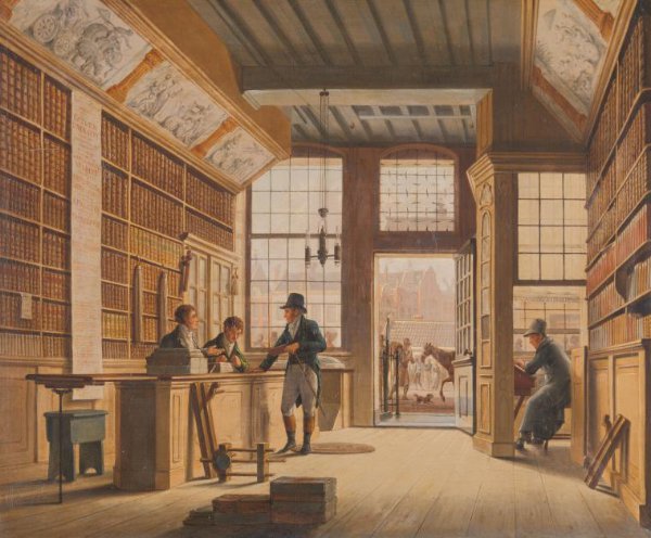 Johannes Jelgerhuis, De winkel van boekhandelaar Pieter Meijer Warnars op de Vijgendam in Amsterdam
