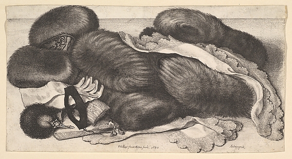Wenceslaus Hollar, Still-life with a group of muffs, a pair of gloves, fans, mask and two kerchiefs