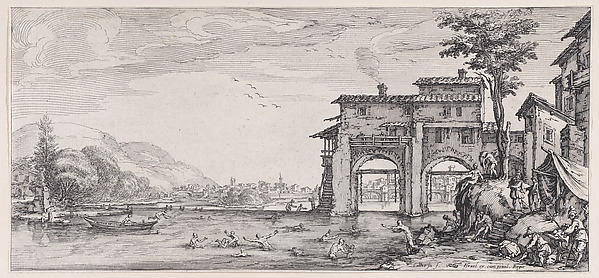 Jacques Callot, Les Baigneurs (The Bathers), from "Paysages Gravés pour Jean de Médicis appelées aussi Paysages Dessinés a Florence, Vues de Florence, Paysages d'Italie, et Paysages Définitifs" (Landscapes Engraved for Giovanni de'Medici, Landscapes Designed in Florence, Views of Florence, Landscapes of Italy, and…