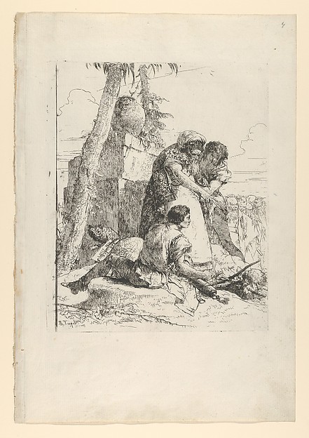 Giovanni Battista Tiepolo, Magician pointing out a burning head to two youths, from the Scherzi