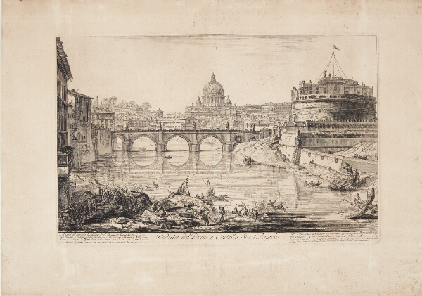 Giovanni Battista Piranesi, Castel Sant' Angelo-broen med kastelle (Hadrians mausoleum), i forgrunden Tiberen med både og i det fjerne Peterskirkens kuppel
