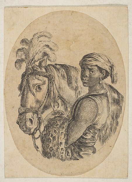 Stefano della Bella, Black slave carries a leopard pelt and holds the bridle of a horse, from "Several heads in the Persian style" (Plusieurs têtes coiffées à la persienne)