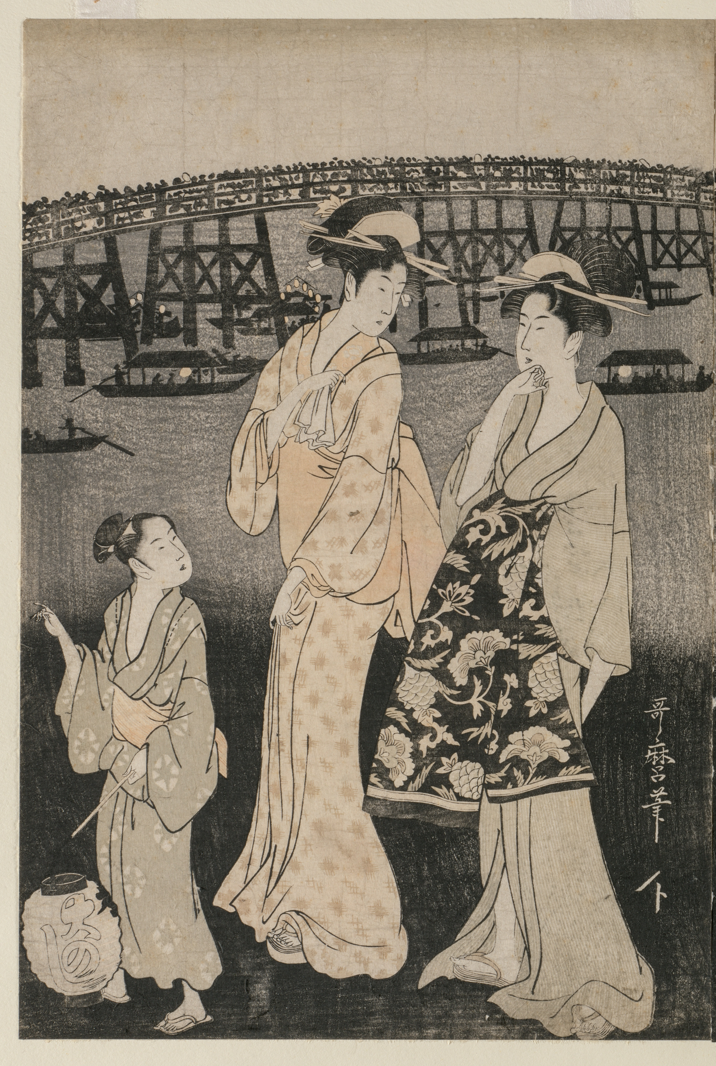 Kitagawa Utamaro, Women Enjoying the Evening Cool Near Ryogoku Bridge