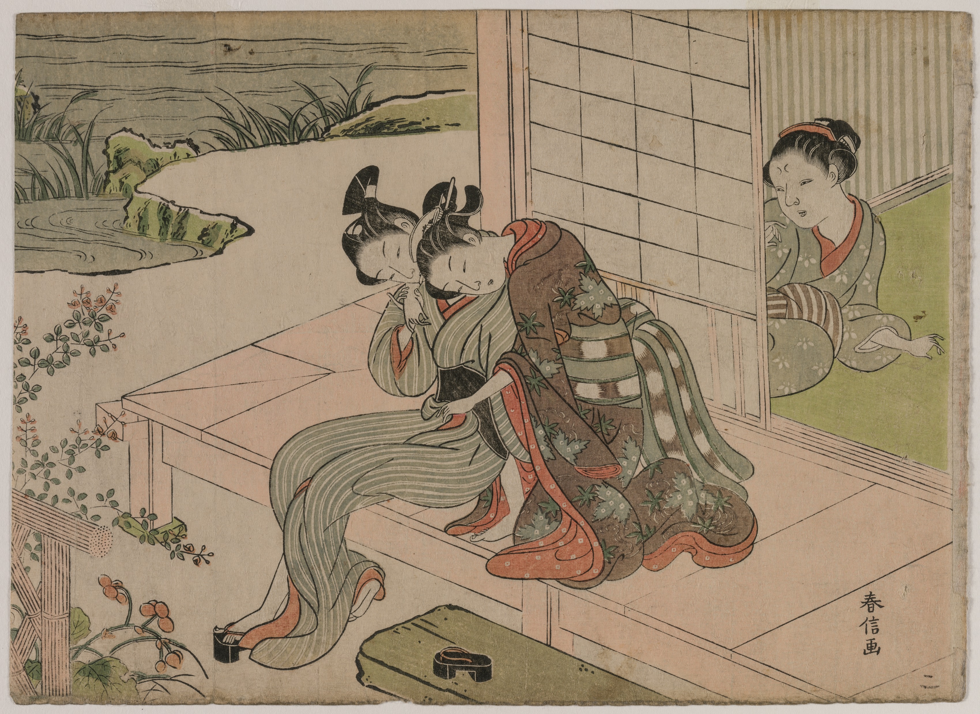Suzuki Harunobu, Woman Watching Young Couple Embrace on a Veranda