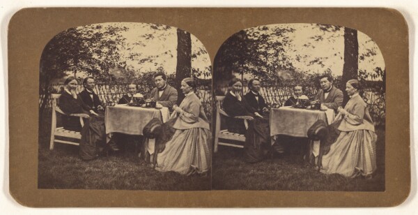 Unknown, [Group of five people seated at a table: three women and two men]