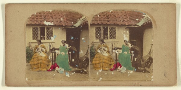 London Stereoscopic and Photographic Company, [Two women seated outside sewing, one man kneeling at the one on the right]
