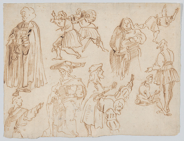 Eugène Delacroix, Eleven Figures in Medieval Dress with Two Figures Jousting
