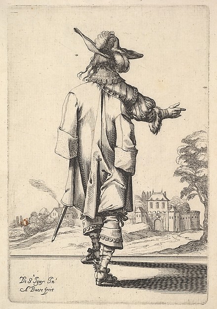 Abraham Bosse, A gentleman, seen from behind, with his right arm outstretched and a cloak over his left shoulder, from "The Garden of the French Nobles In Which One Can Pick Up Their Way of Dressing"