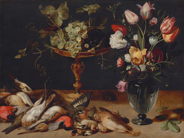 Frans Snyders, Still Life with Flowers, Grapes, and Small Game Birds
