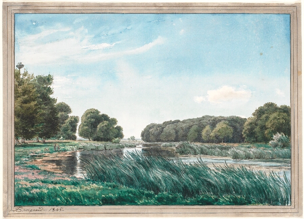 P.C. Skovgaard, Trærigt landskab med en sø og tre børn der står og fisker.