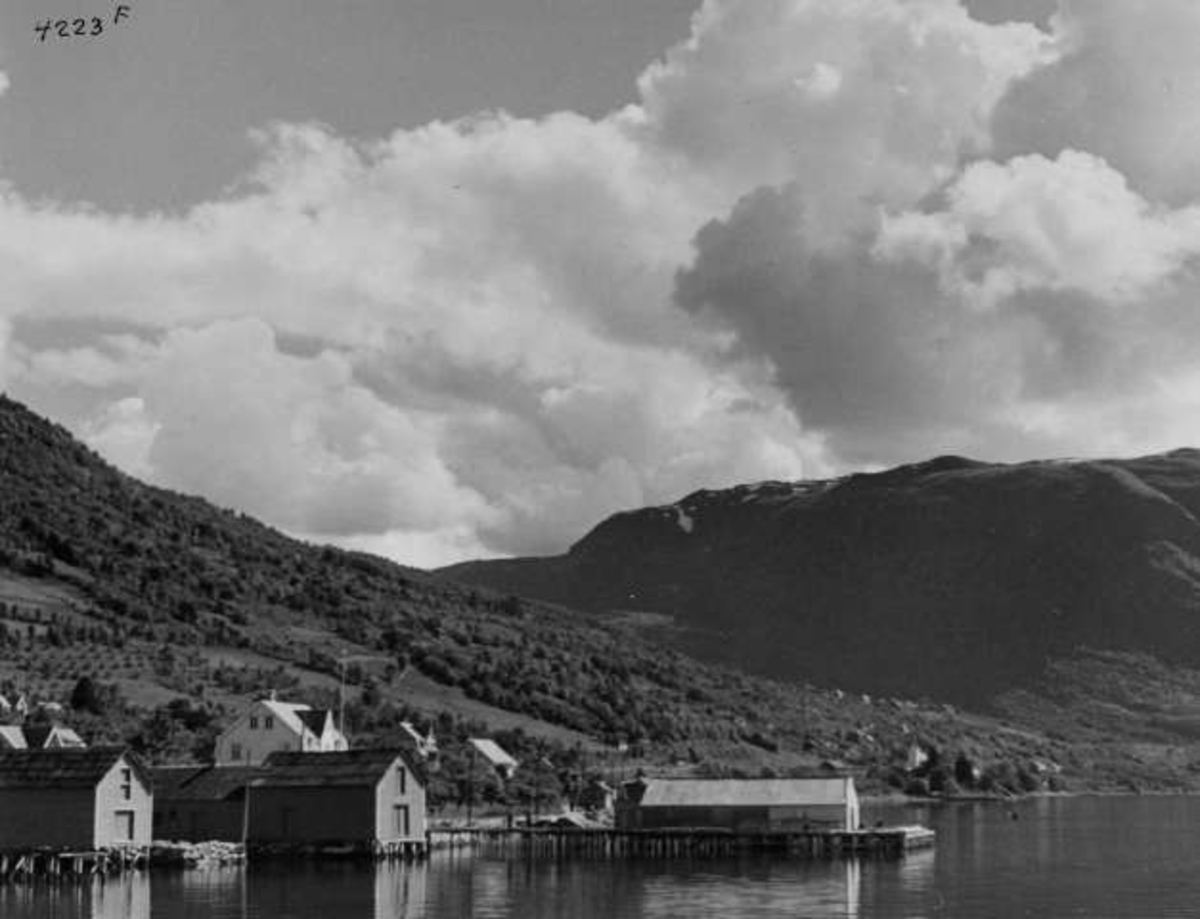 Anders Beer Wilse, Lanskap med fjell, bebyggelse, brygge og sjøboder ved sjøen i Strandavegen i Leikanger.
