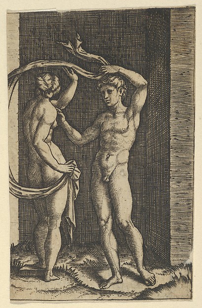 Marcantonio Raimondi, Nude woman viewed from behind holding fabric which blows behind her, looking at male nude standing in contrapposto in front of her