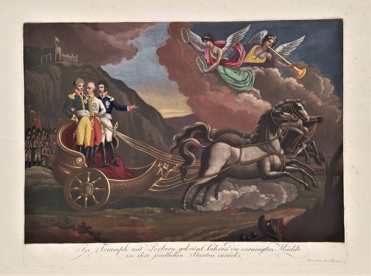 Anonym, Kaiser Franz I. von Österreich, Kaiser Alexander I. von Rußland und König Friedrich Wilhelm III. von Preußen als Sieger über Napoleon im Triumphwagen (Allegorie)