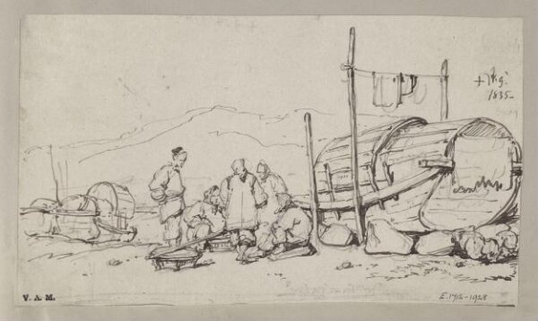 George Chinnery, Boatpeople by a Tanka boat raised up on the beach