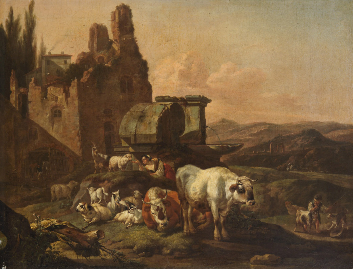 Johann Heinrich Roos, Landschaft mit Tieren an der Tränke