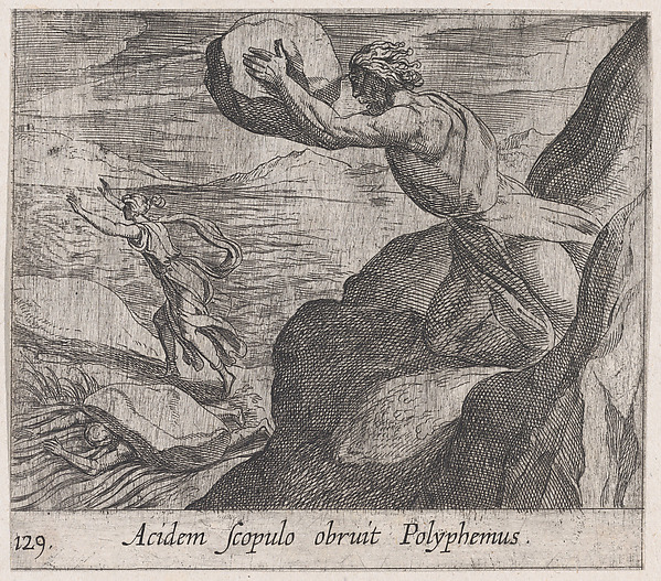 Antonio Tempesta, Plate 129: Acis Killed by Polyphemus (Acidem Scolpulo orbruit Polyphemus), from Ovid's 'Metamorphoses'