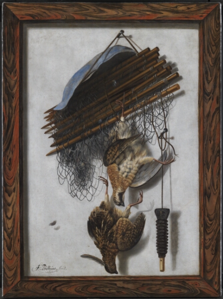 Jacob Biltius, Trompe l'oeil. Indrammet billede med dødt fuglevildt og fuglenet ophængt på en mur