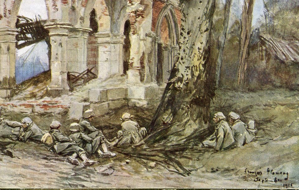 Unknown artist, Bildpostkarte "Lagernde Soldaten vor Kirchenruine"