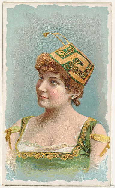 W. Duke, Sons & Co., Actress wearing green and yellow fez, from Stars of the Stage, First Series (N129) issued by W. Duke, Sons & Co. to promote Honest Long Cut Tobacco