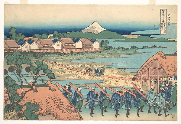 Katsushika Hokusai, Fuji Seen in the Distance from Senju Pleasure Quarter (Senju kagai yori chōbō no Fuji), from the series Thirty-six Views of Mount Fuji (Fugaku sanjūrokkei)