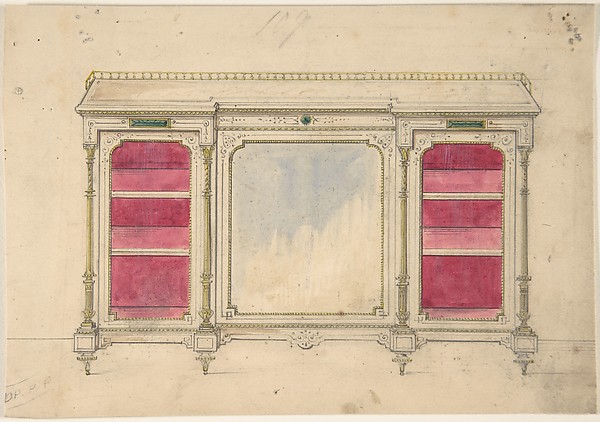 Anonymous, British, 19th century, Cabinet Design with a Mirrored Front and Red Shelves