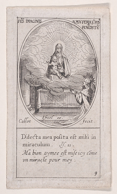 Jacques Callot, La Vierge et l'Enfant Jésus apparaissent au milieu d'un nuage sur un autel au pied duquel un reine est agenouillée en prières, au bas à droite (The Virgin and Christ Child Seated Amidst Clouds on an Altar, beneath which a Queen Kneels in Prayer at Lower Right), Third Sunday after Pentecost, scene 9…