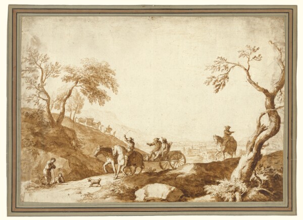 Marco Ricci, Landscape with Travellers, Two Riding in a Carriage Driven by a Postilion and a Third on Horseback behind