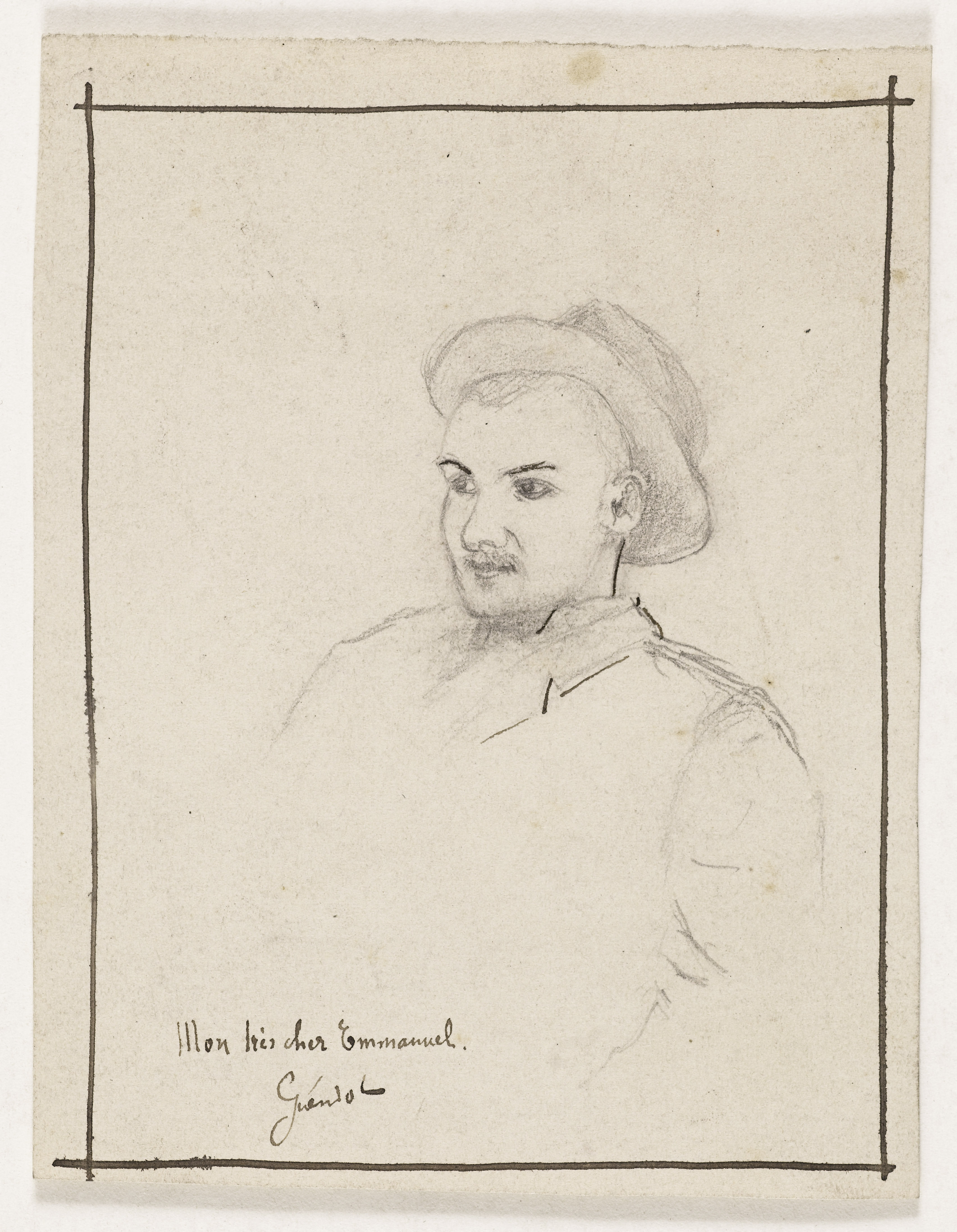 Arthur-Joseph Gueniot, Portrait d'homme avec un chapeau, tourné de trois-quarts vers la gauche (recto) ; étude de corps de cheval (verso)