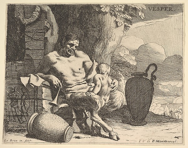 Charles Le Brun, Evening: a seated satyr clasps his child, a figure hangs a garland on a pier beyond, from "Hours of the Day"