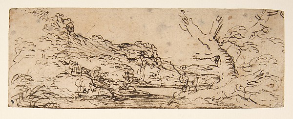 Salvator Rosa, Landscape with hills and a lake, trees in right foreground.