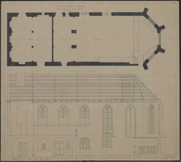 Lucas Hermanus Eberson, Side elevation and floor plan of a Walloon church [in Arnhem ?]