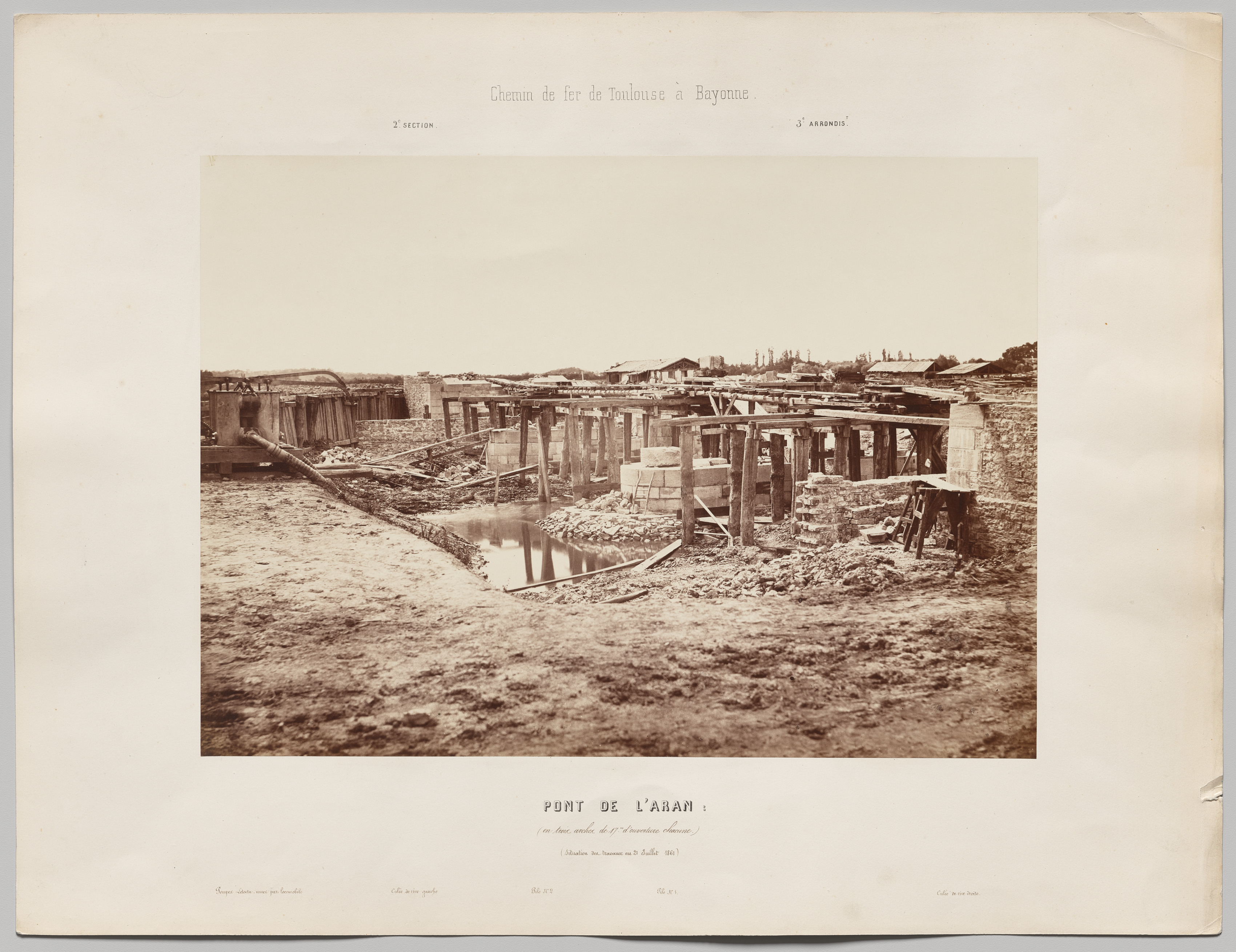 Édouard Baldus, Chemin de fer de Toulouse à Bayonne. Pont de l'Aran (en trois arches de 17m d'ouverture chacune). Situation des travaux au 21 juillet 1861