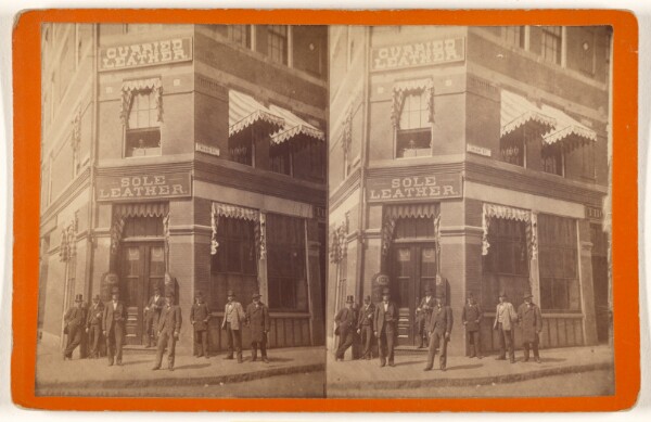 Unknown, [Group of men posed in front of a leather goods store on High Street]
