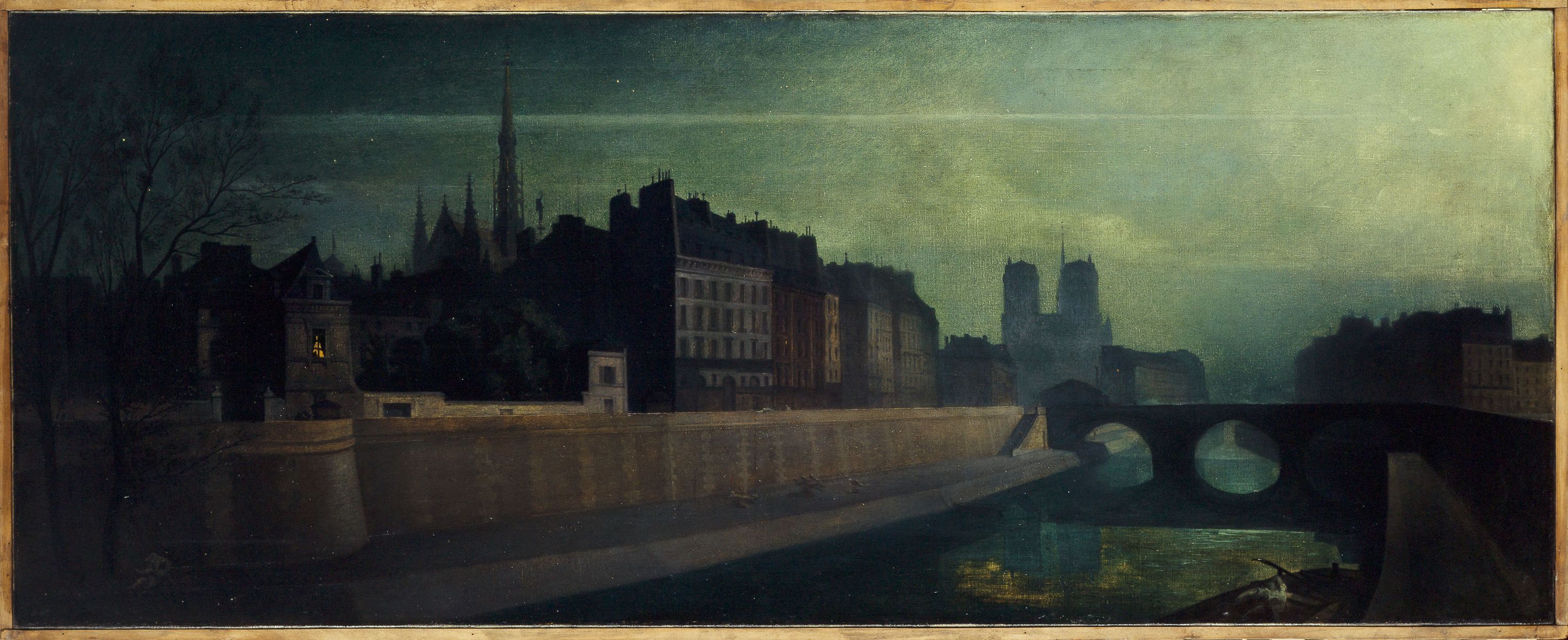 Anonyme, Le quai des Orfêvres, le pont Saint-Michel, Notre-Dame, vers 1860 ; effet de nuit