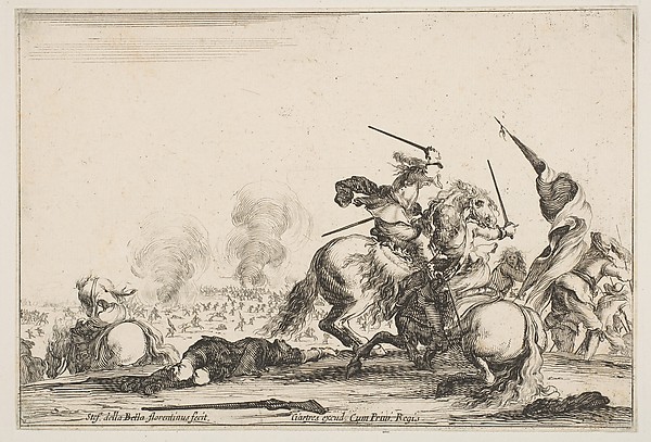Stefano della Bella, A skirmish, two horsemen battling with swords to the right, men carrying a flag running away towards the right, a dead man on the ground and a horseman seen from behind to the left, from "Varie figure"
