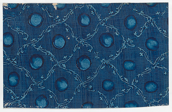 Anonymous, Blue paste paper with circular designs and ornamental diagonal pattern and crisscross background