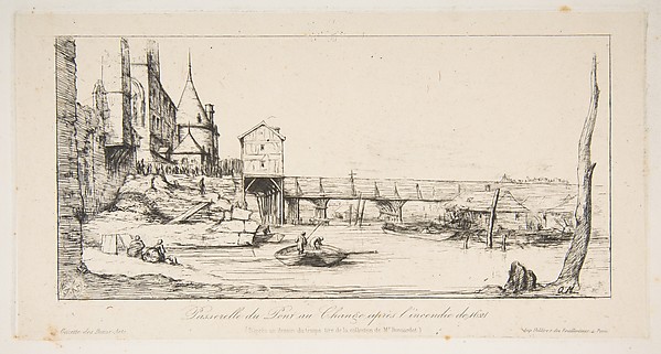 Charles Meryon, The footbridge temporarily replacing the Pont-au-Change, Paris, after the fire of 1621, after della Bella