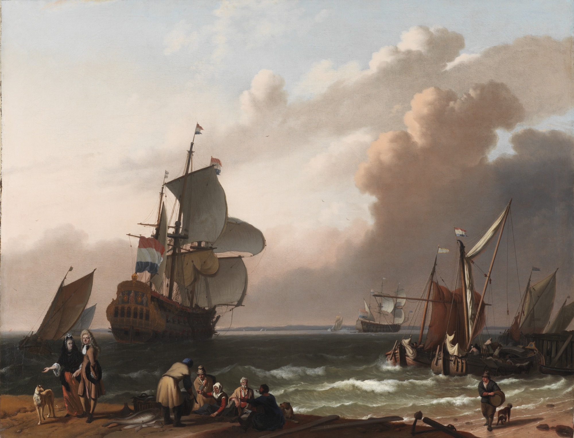 Ludolf Bakhuizen, Warship and Dutch Sailboats near the Shore