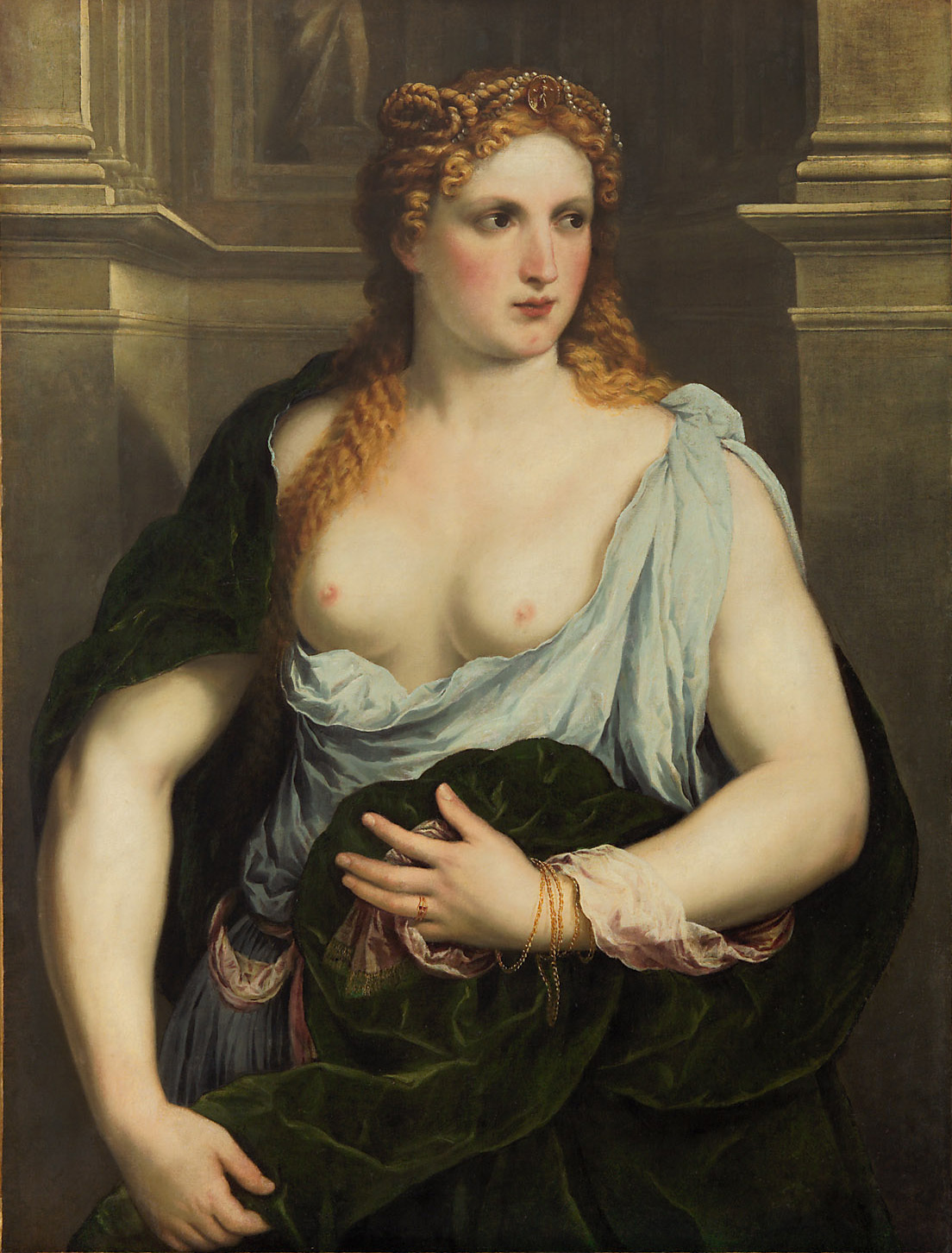 Paris Bordone, Portrait of a woman with a green cloak