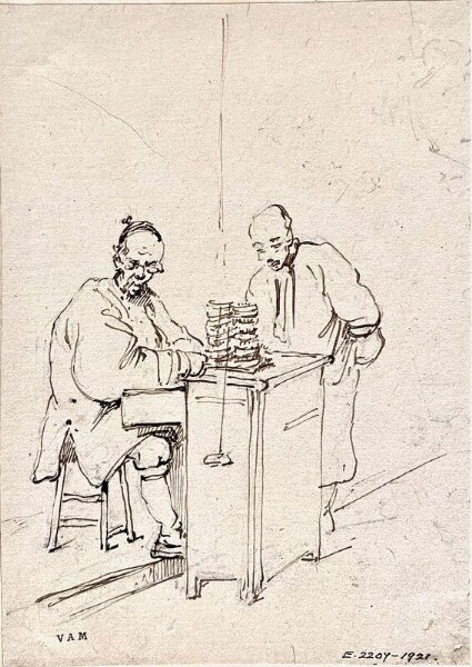 George Chinnery, A Chinese moneychanger seated at a table, with a customer