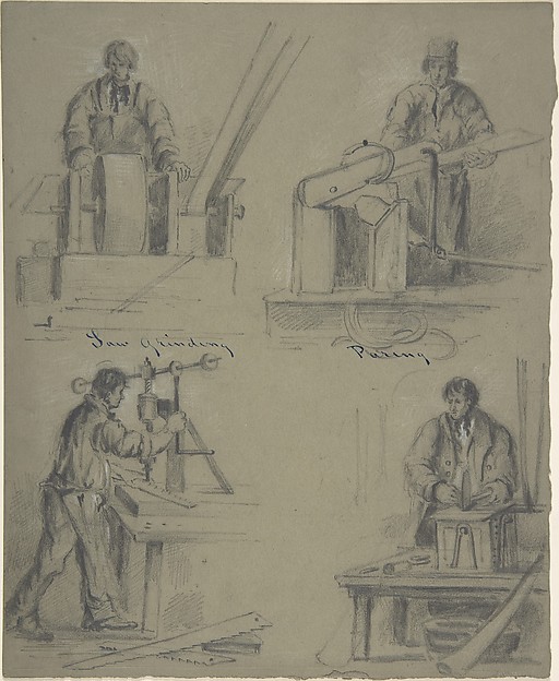Anonymous, British, 19th century, Four drawings showing the manufacture of saws