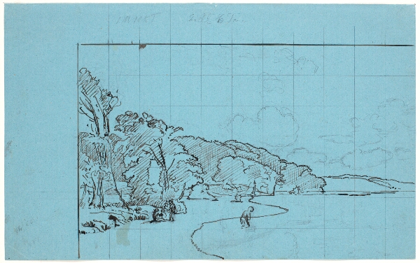 P.C. Skovgaard, Kvadreret udkast til et strandlandskab med skov næsten ned til bredden, hvor man ser tre børn, en fjerde er vadet i vandet.