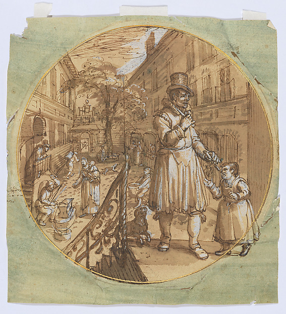 David Vinckboons, Allegorical scene with beggars and blacksmiths (recto); Sketch of rooftop (verso)