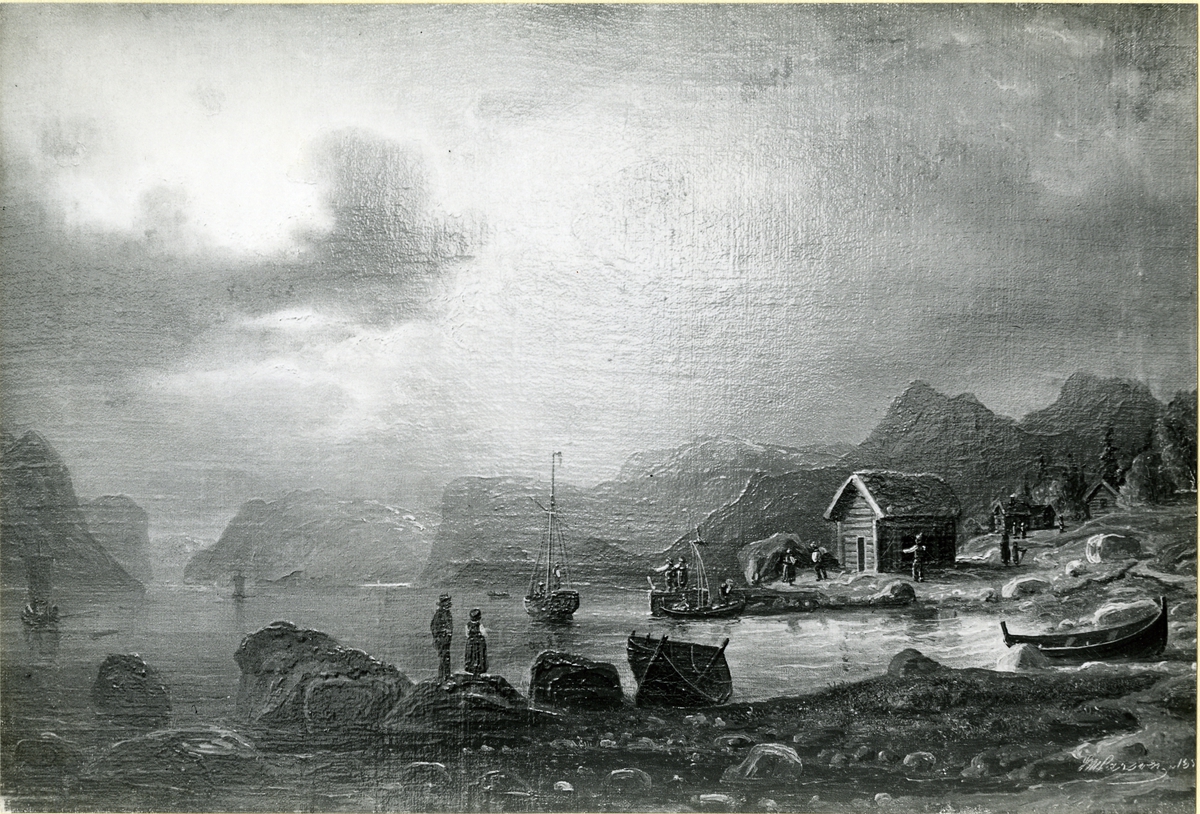 Okänd fotograf, Norskt fjordlandskap. Oljemålning 1852. Storlek 37 x 56 cm.