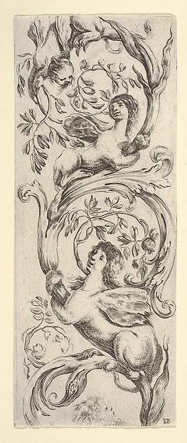 Stefano della Bella, Three sphinxes climbing a vine, from "Ornaments or Grotesques" (Ornamenti o Grottesche)