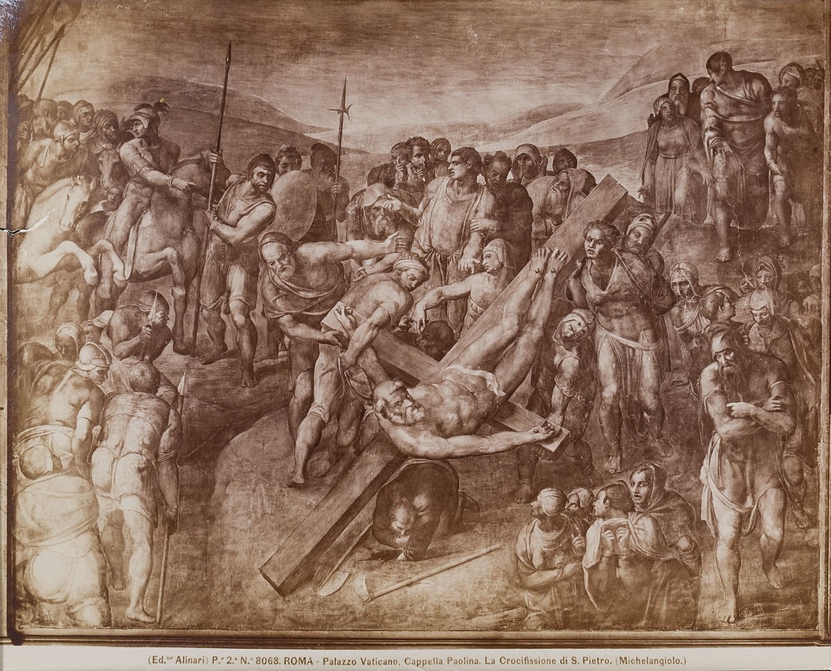 Fratelli Alinari, Michelangelo Buonarroti: Die Kreuzigung des Heiligen Petrus. Cappella Paolina, Vatikanischer Palast, Rom